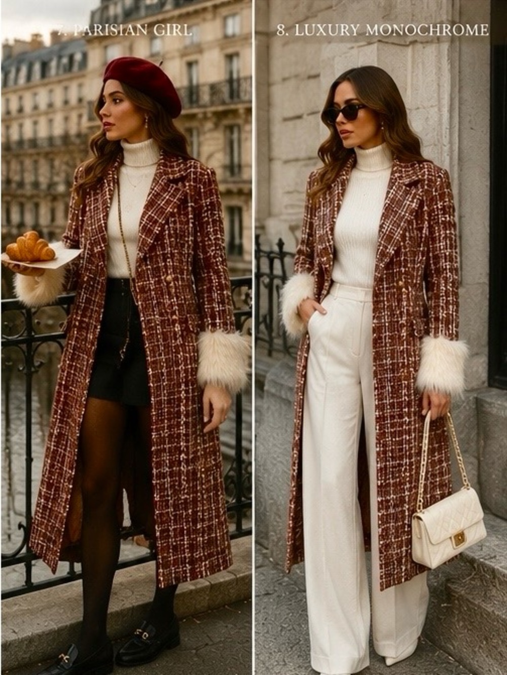 Burgundy Tweed Dress Coat with Cream Fur Cuffs Glittery